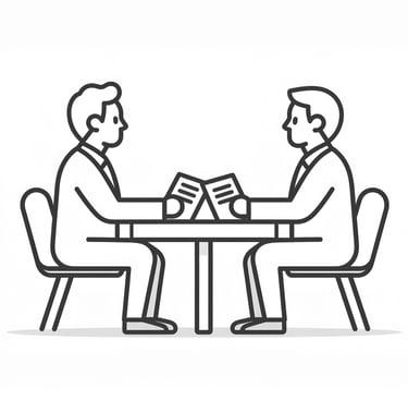 two men sitting at a table with papers, discussing requirements