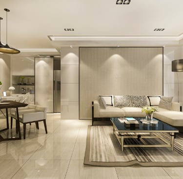 Projeto decorativo de uma sala com mobiliário e iluminação