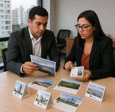 Cliente y diseñador revisando muestras de calendarios personalizados para empresas en Lima, con diferentes diseños y logos so