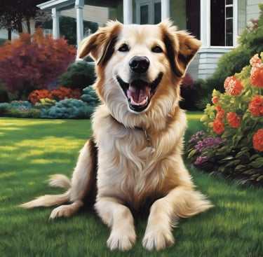 a dog sitting on the grass in front of a house