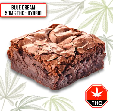 A 50mg THC Blue Dream hybrid cannabis brownie edible with a fudgy chocolate texture.