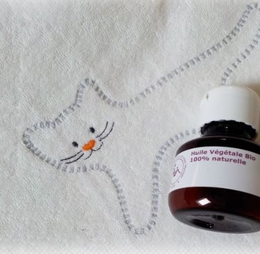 Flacon d'huile de massage posé sur un dessin de chat