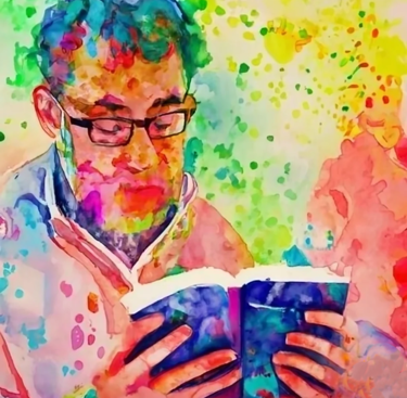 Gen AI watercolor - white man reading book