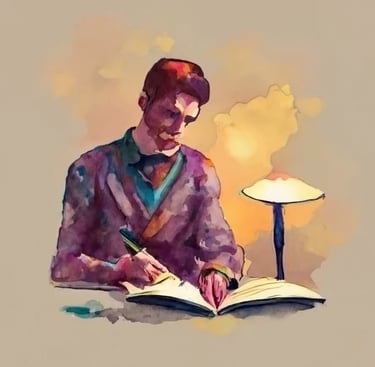 Gen AI watercolor - white man writing a book