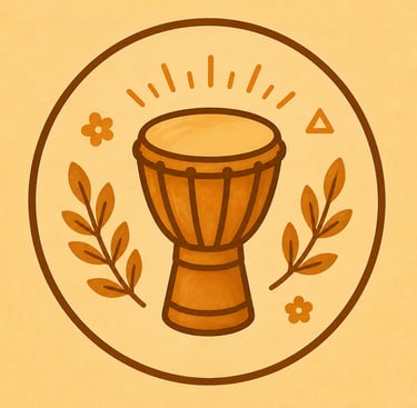 A stylized djembe drum illustration with botanical leaves and floral accents in a circular frame.