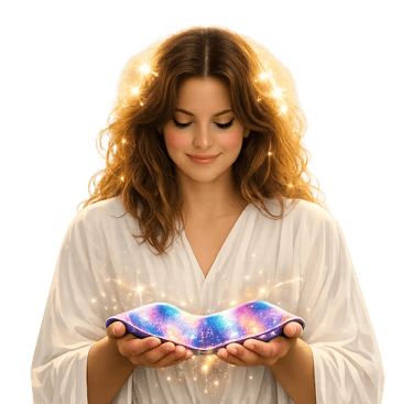 Person in white holding a sash glowing with frequencies, in her hands.Symbolizing wellbeing and curiosity