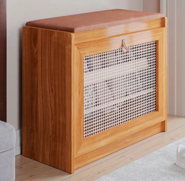 Sapateira Banco Plenitude Com Prateleira E Porta Basculante Detalhe Rústico em Ratan