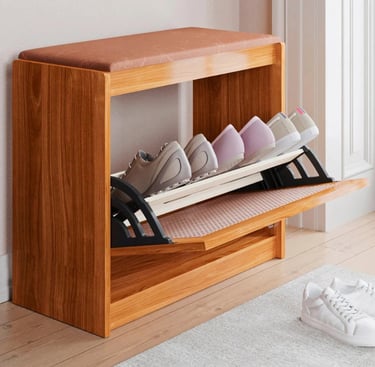 Sapateira Banco Plenitude Com Prateleira E Porta Basculante Detalhe Rústico em Ratan