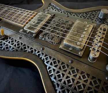 Silverback Ironbrand Les Paul style dark industrial guitar. Top angle view.