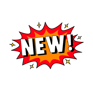 Comic book style red and orange starburst icon with the word NEW in bold white text.