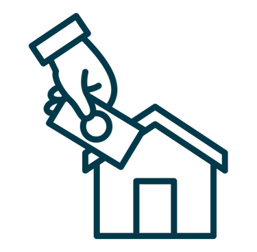 a hand holding a dollar sign with a house in the background