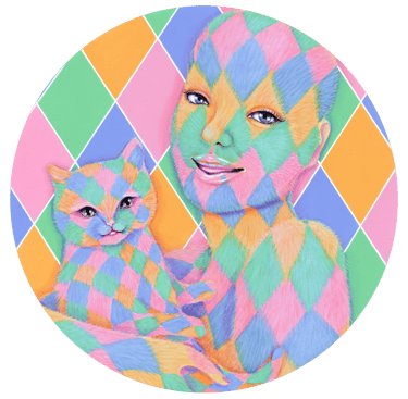 acrylic painting of a colorful furry woman holding a cat and smiling. 