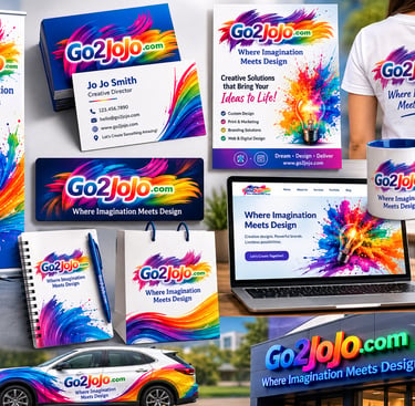 Branding kit for Go2JoJo graphic design services featuring colorful logos on business cards, stationery, apparel, and a car