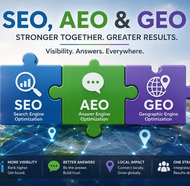 Infographic showing SEO, AEO, and GEO jigsaw pieces representing integrated digital marketing strategies.