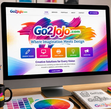 A computer monitor displaying a vibrant graphic design website for Go2Jojo on a creative studio desk.