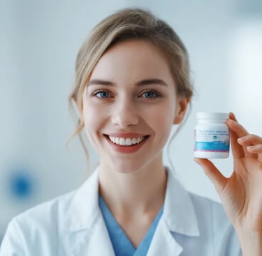 Une doctoresse souriante tenant un complement alimentaires pour le confort urinaire des femmes.