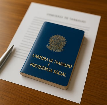 Uma carteira de trabalho, um contrato de trabalho e uma caneta sobre uma mesa