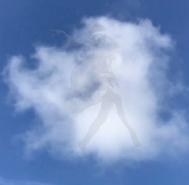 As the cloud moves, people and animals appear.