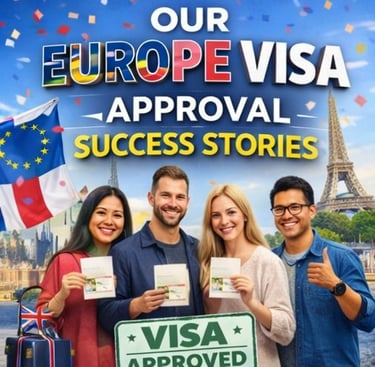 Europe visa approval stories banner with happy applicants holding passports and visa approved