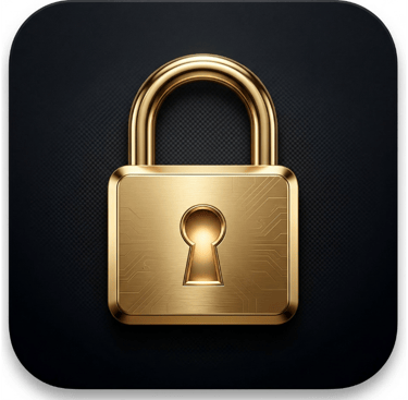 Golden padlock icon with circuit board patterns representing cybersecurity and data protection.