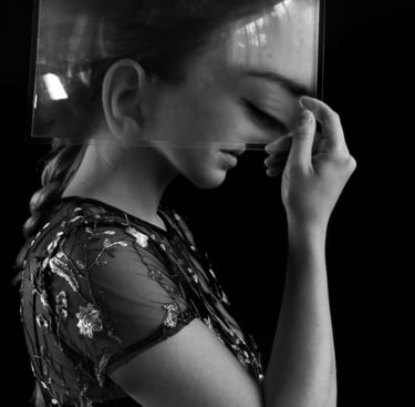 Self-portrait by Anita Papp, distorted through a magnifying sheet, exploring themes of identity and 