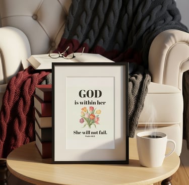 Framed Bible verse wall art with Psalm 46:5 quote on a side table with coffee and books.