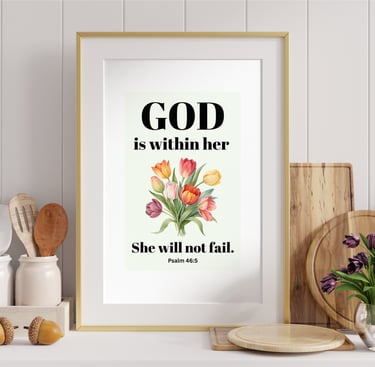 Framed Psalm 46:5 wall art featuring floral watercolor tulips on a kitchen counter.