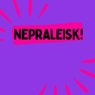 Purple graphic with pink accents and the Lithuanian text NEPRALEISK on a pink banner.