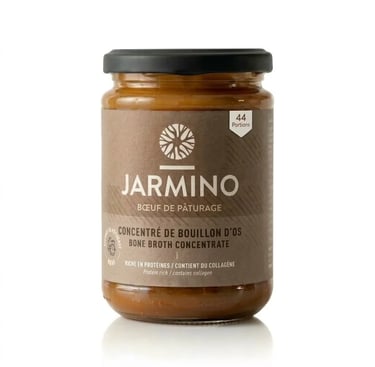 pot en verre contenant du concentré de bouillon d'os de la marque Jarmino