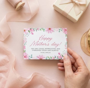 A hand holding a floral Happy Mother's Day card with pink ribbon and a gift box on a pink background.