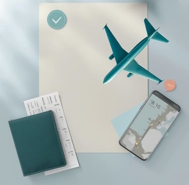 Travel wallet with boarding pass, phone map and mini plane—final itinerary ready.