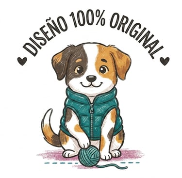 Adorable ilustración de un cachorro con chaleco verde jugando con lana, con un diseño 100 % original