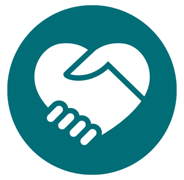 A circular teal icon with a stylised image of two clasped hands in the shape of a heart