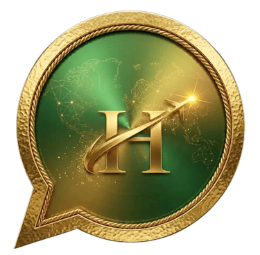 Golden letter H logo with an airplane icon inside a green and gold luxury chat bubble.