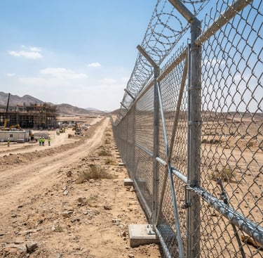 Professional industrial wide-angle photography of a galvanized steel security fence stretching along a desert landscape in Saudi Arabia, bright harsh daylight, sharp metallic textures, 35mm