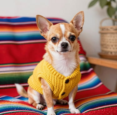 Un cachorro de chihuahua marrón y blanco con un cómodo suéter amarillo de punto para perros sentado 