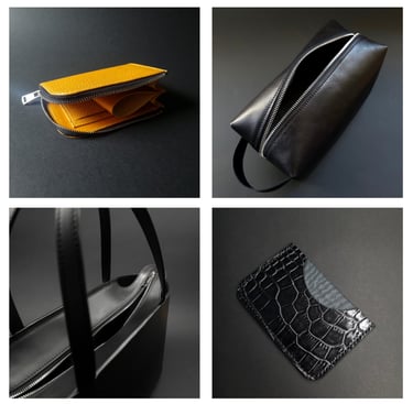 A yellow l-shape wallet, black dopp kit bag, tote bage and a croco print leather card holder