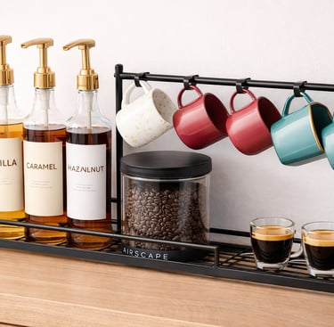 Modern coffee station organizer with syrup dispensers, bean canister, and colorful mugs on a countertop.