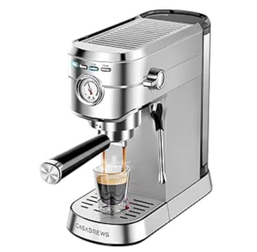 Casabrews compact espresso machine brewing a fresh shot of coffee into a glass cup.