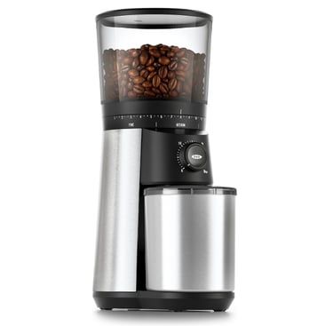 OXO Brew Conical Burr Coffee Grinder with integrated scale and stainless steel finish.