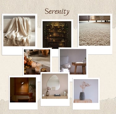 Neutral aesthetic home decor mood board with warm minimalist items like blankets, mirror, candle