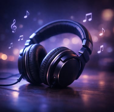 “A pair of over-ear headphones resting on a table with soft purple-blue glowing light and subtle flo