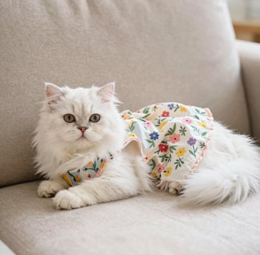 Un gato persa blanco y esponjoso luce un colorido vestido estampado de flores mientras descansa en u