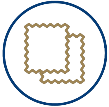 Icon showing textile fabric swatches with serrated pinking shear edges inside a blue circle.