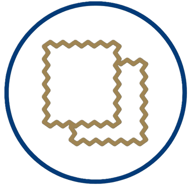 Icon showing textile fabric swatches with serrated pinking shear edges inside a blue circle.