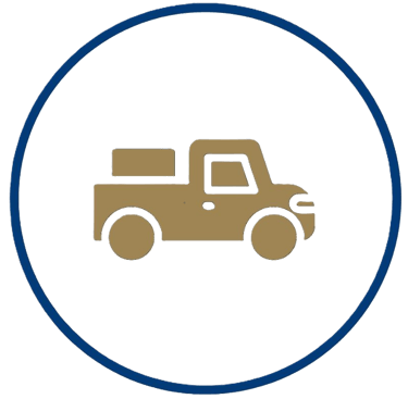 Gold pickup truck delivery icon inside a blue circular border on a black background.