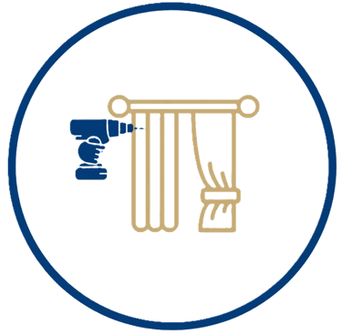 Icon showing professional curtain installation using a power drill on a curtain rod.