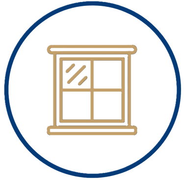 Gold window icon with four panes in a blue circle for residential replacement services.