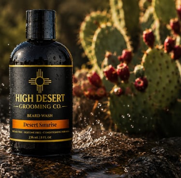 High Desert Grooming Co. Desert Sunrise beard wash bottle splashing on a rock with prickly pear cactus.