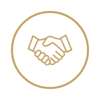 Gold outline of a handshake icon inside a circle representing a business deal or partnership agreement.